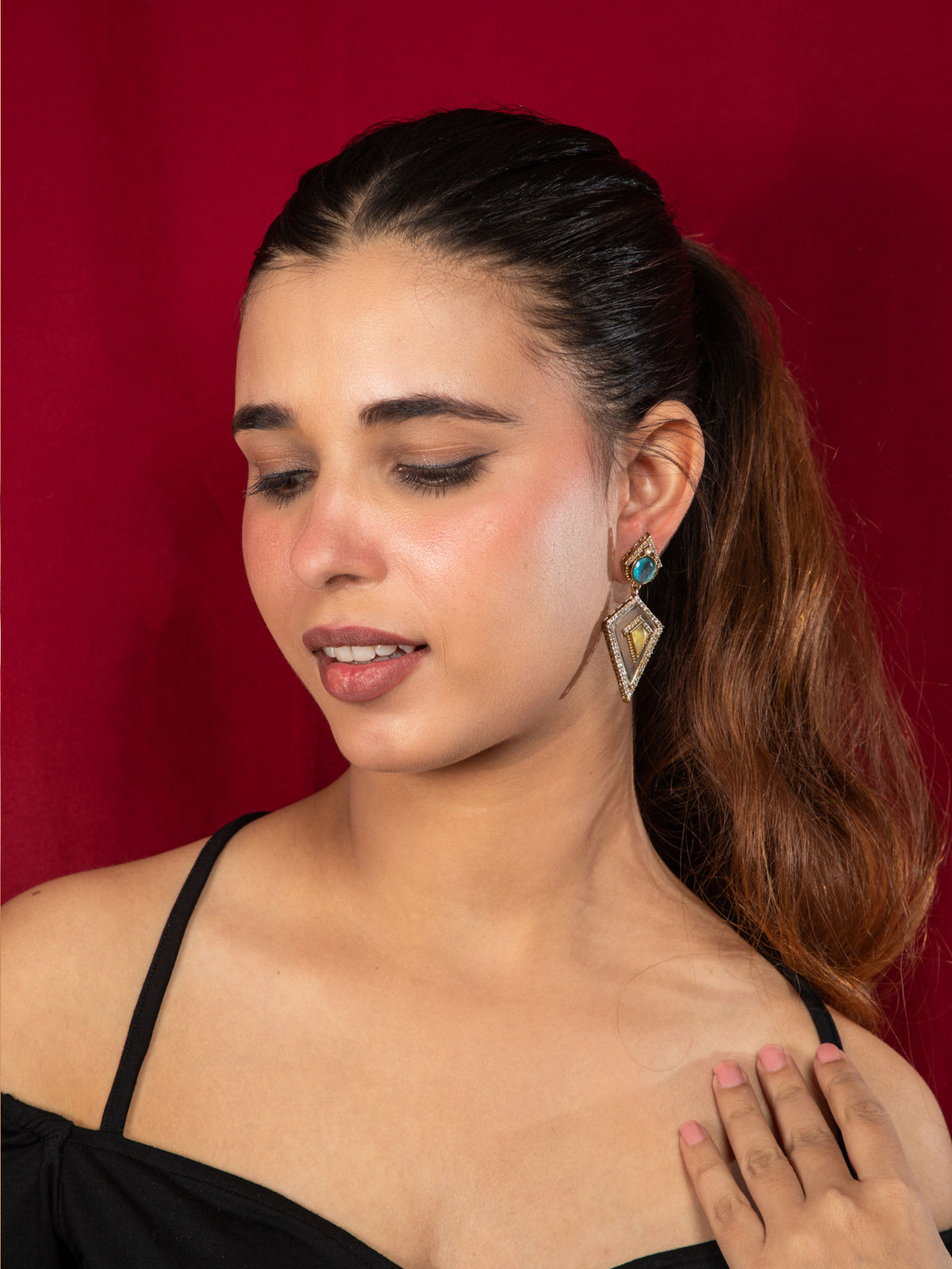 Matte Gold Plated Triangular Earrings with White, Yellow and Sky Blue Stones