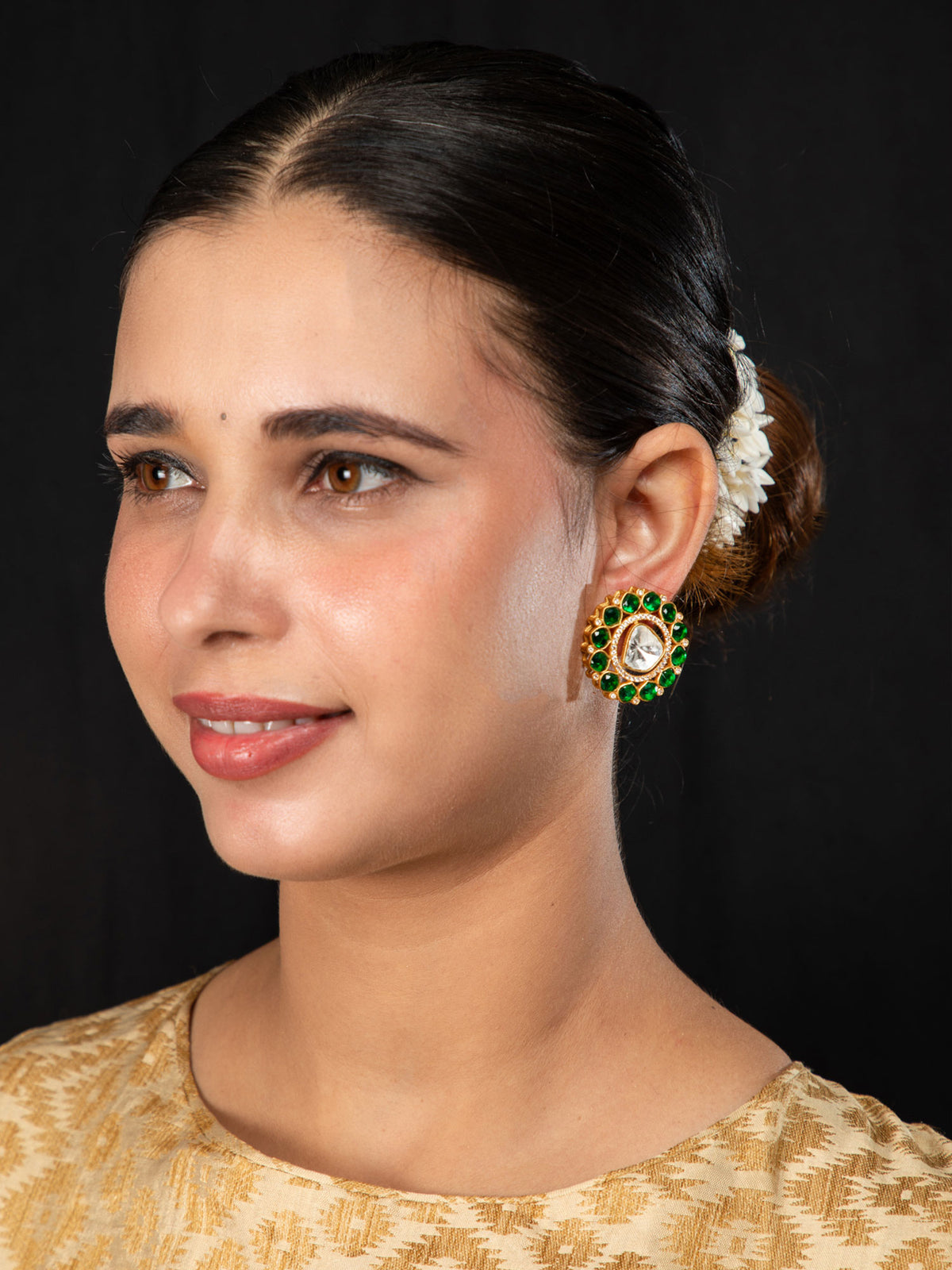 Matte Gold Plated Round Earrings with Green Stones, White CZ and Kundan Stones