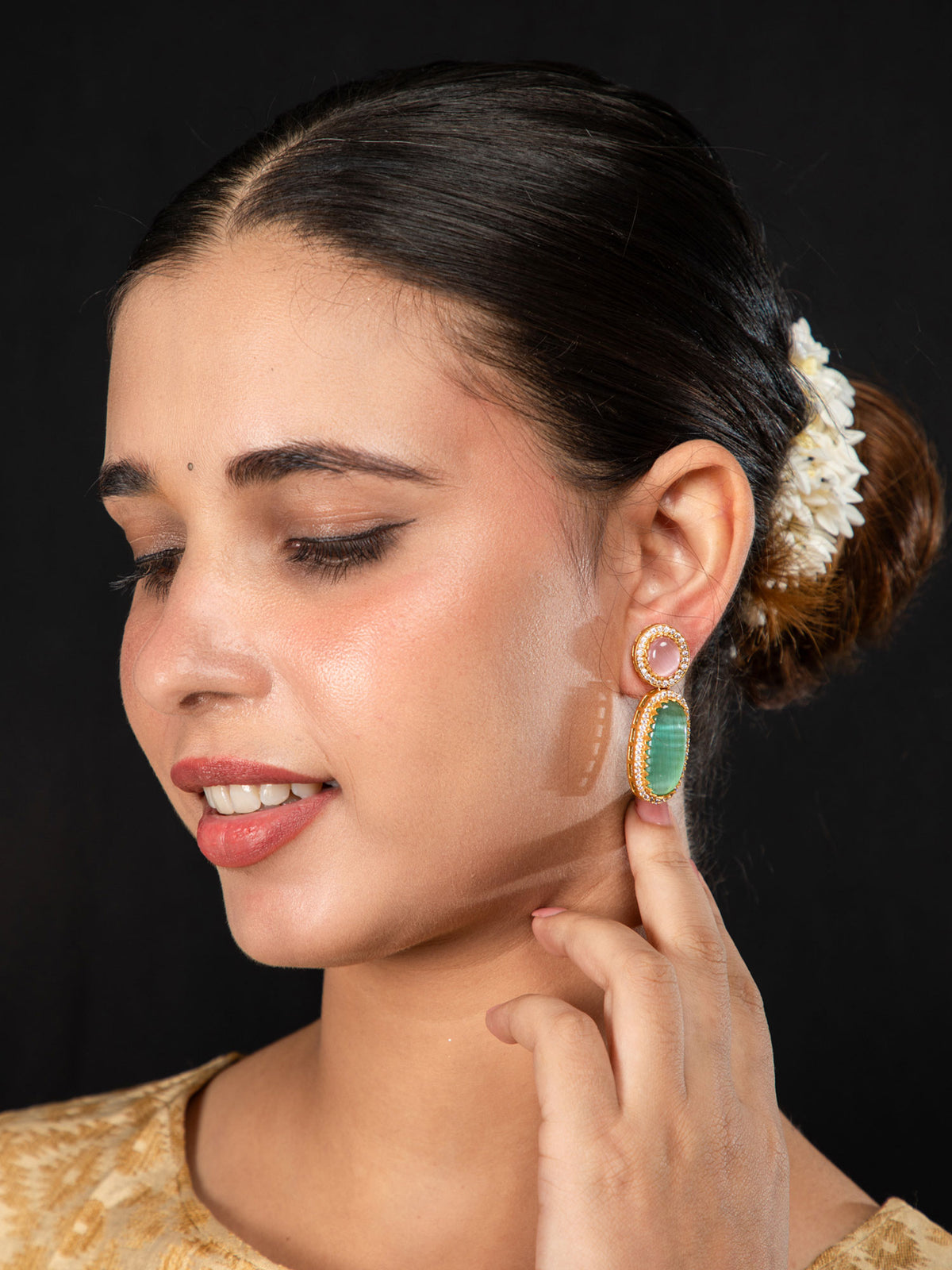 Matte Gold Plated Earrings with Lime Green and Pink Stones and White CZ Accents