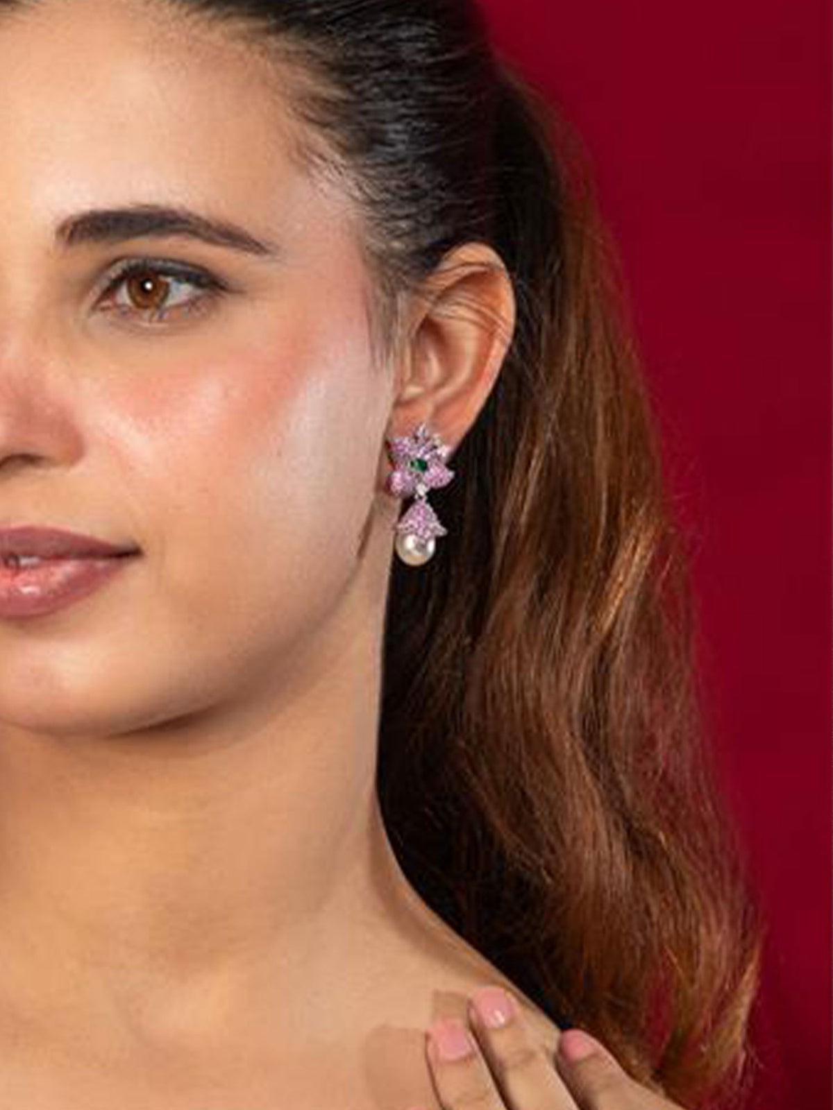 Rhodium Plated Butterfly Earrings with Green Stone, Red and White CZ Stones and White Pearl