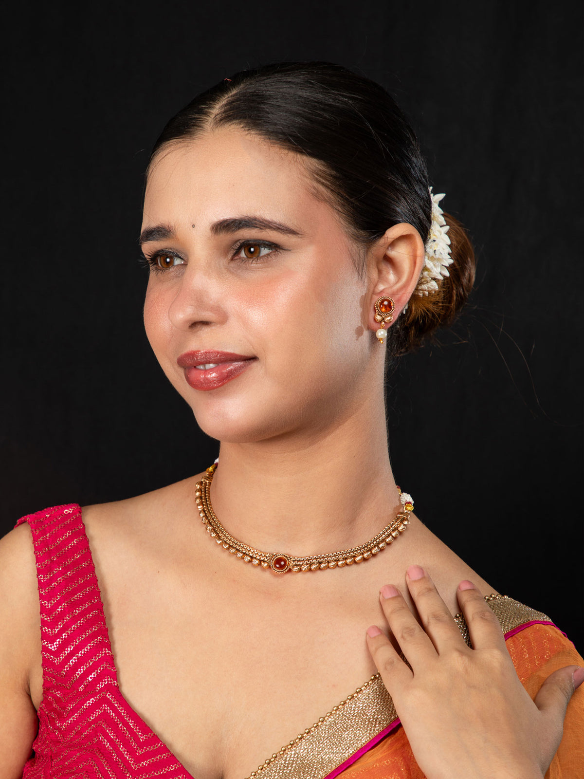 24K Gold Plated Antique Necklace and Earrings Set with Orange Pendant