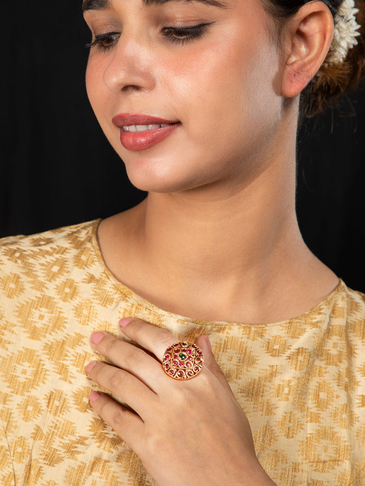 24K Gold Plated Pink and Green Emerald Cocktail Ring