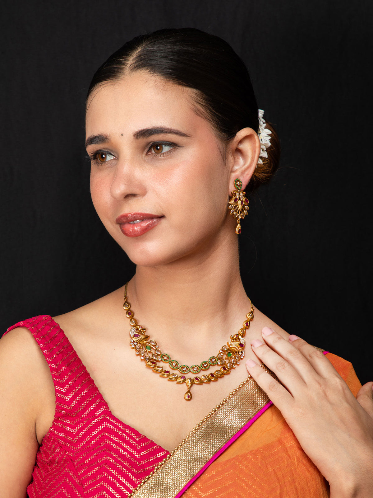 24K Gold Plated Antique Peacock Necklace with Matching Earrings and Red and White Stones