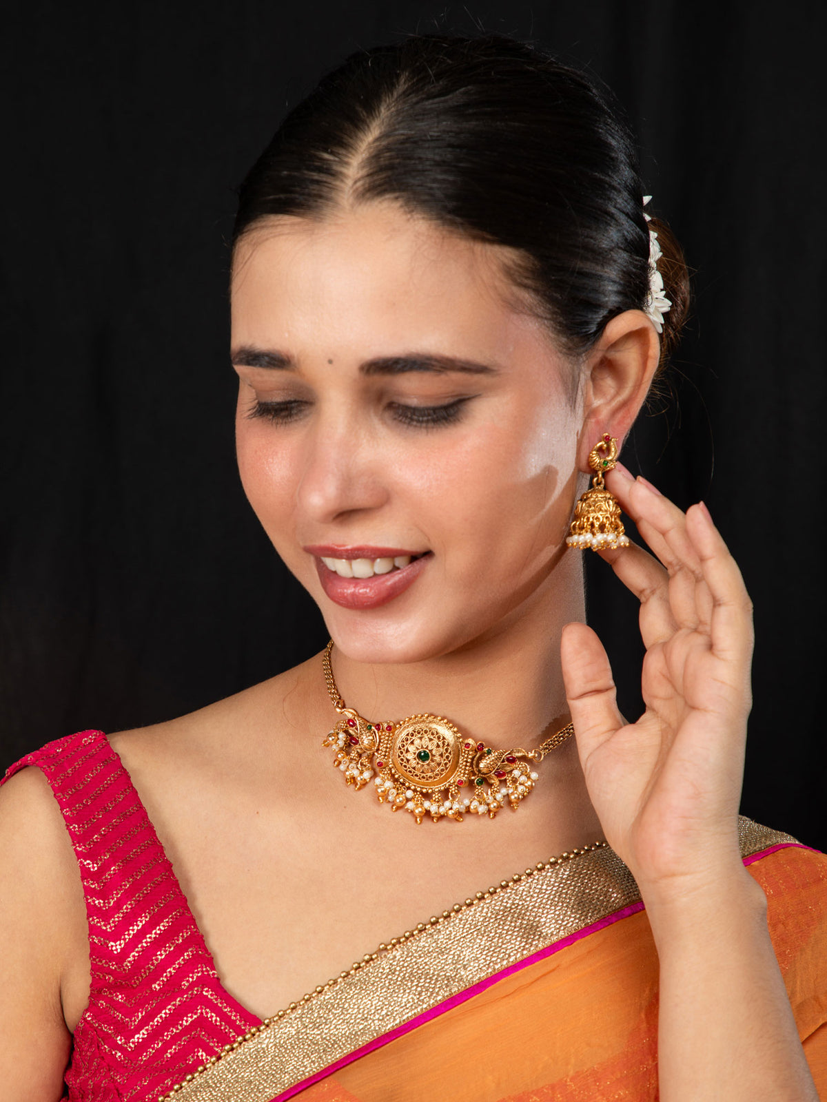 24K Gold Plated Antique Peacock Choker Necklace with Jhumka Earrings