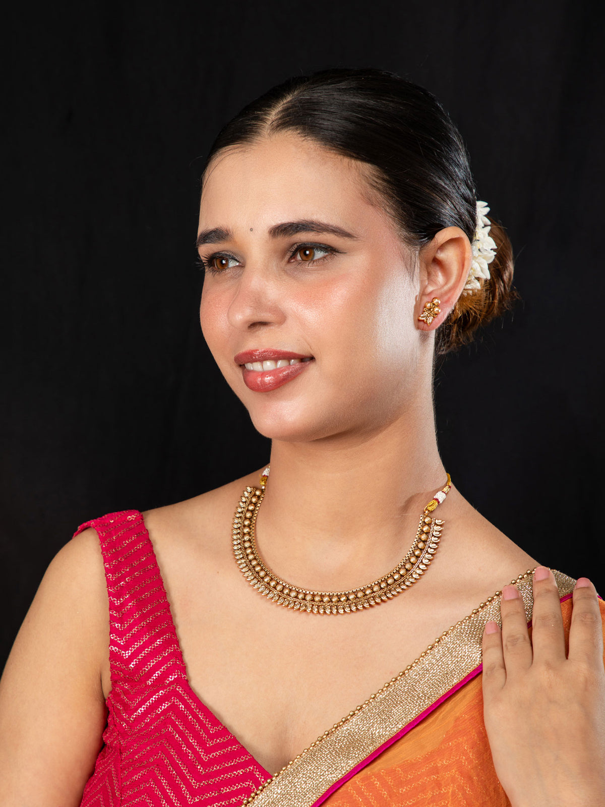 24K Gold Plated Antique Necklace and Earrings Set with Petal and Round Ball Design