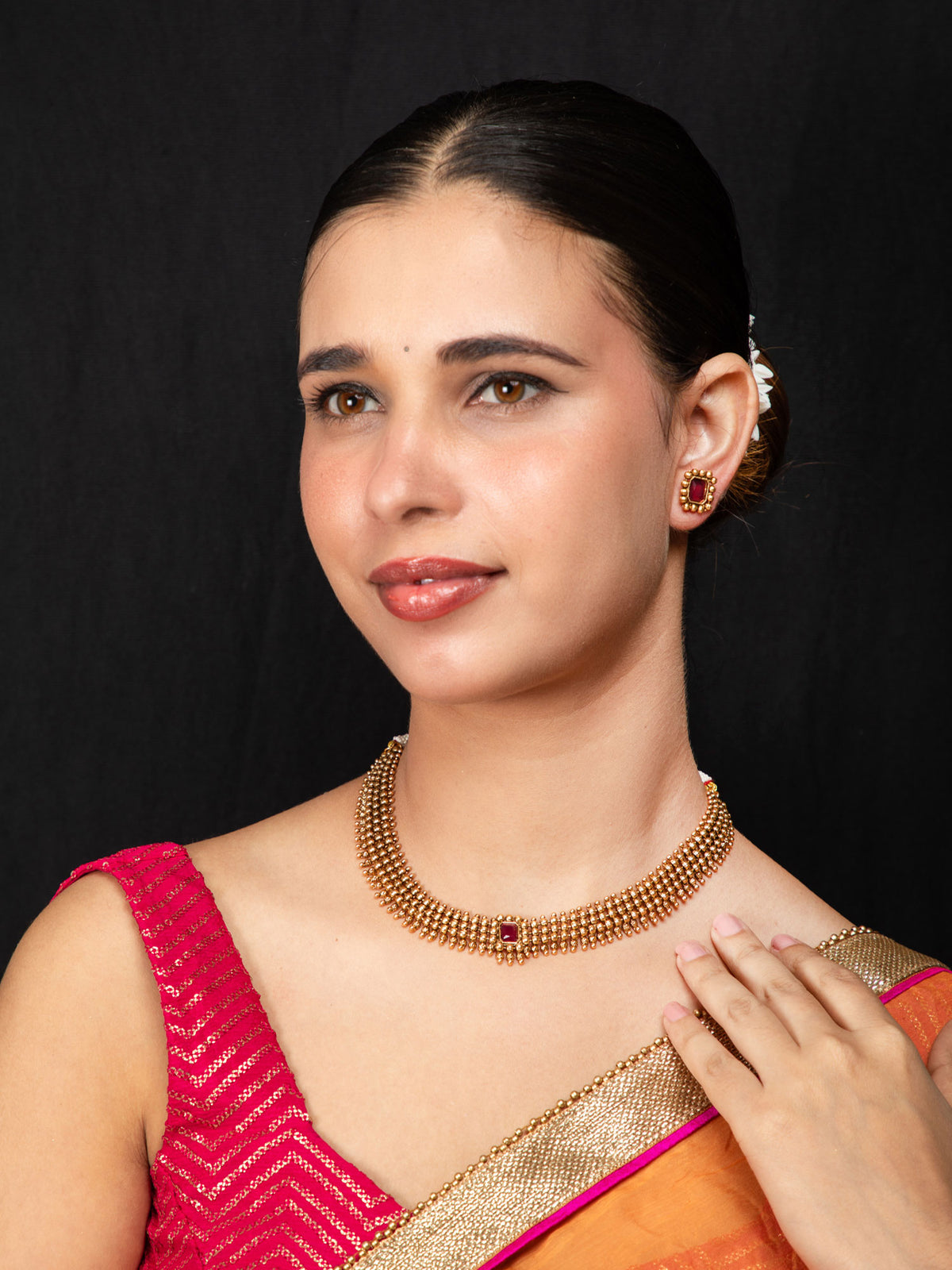 24K Gold-Plated Red Stone and Multilayer Design Antique Necklace Set with Earrings