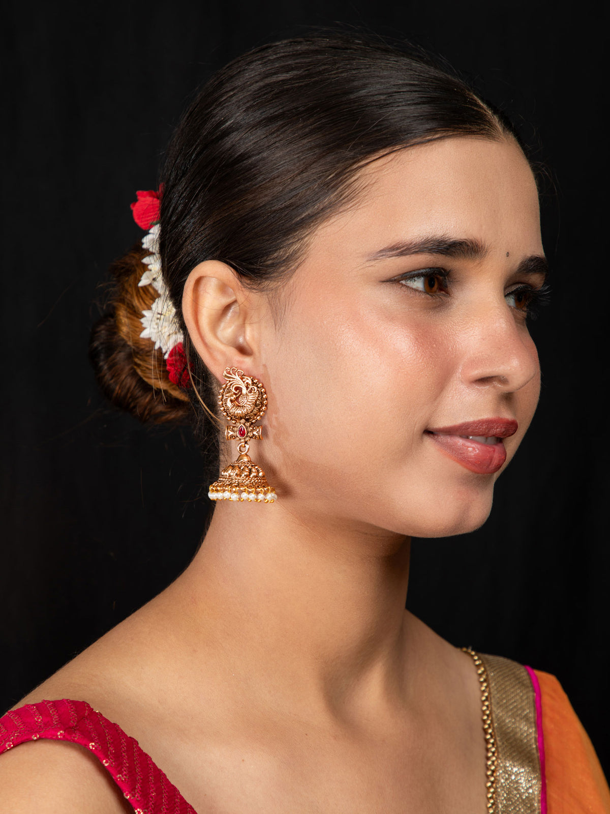 24K Gold Plated Peacock Jhumka Earrings with Red Stone and Pearls