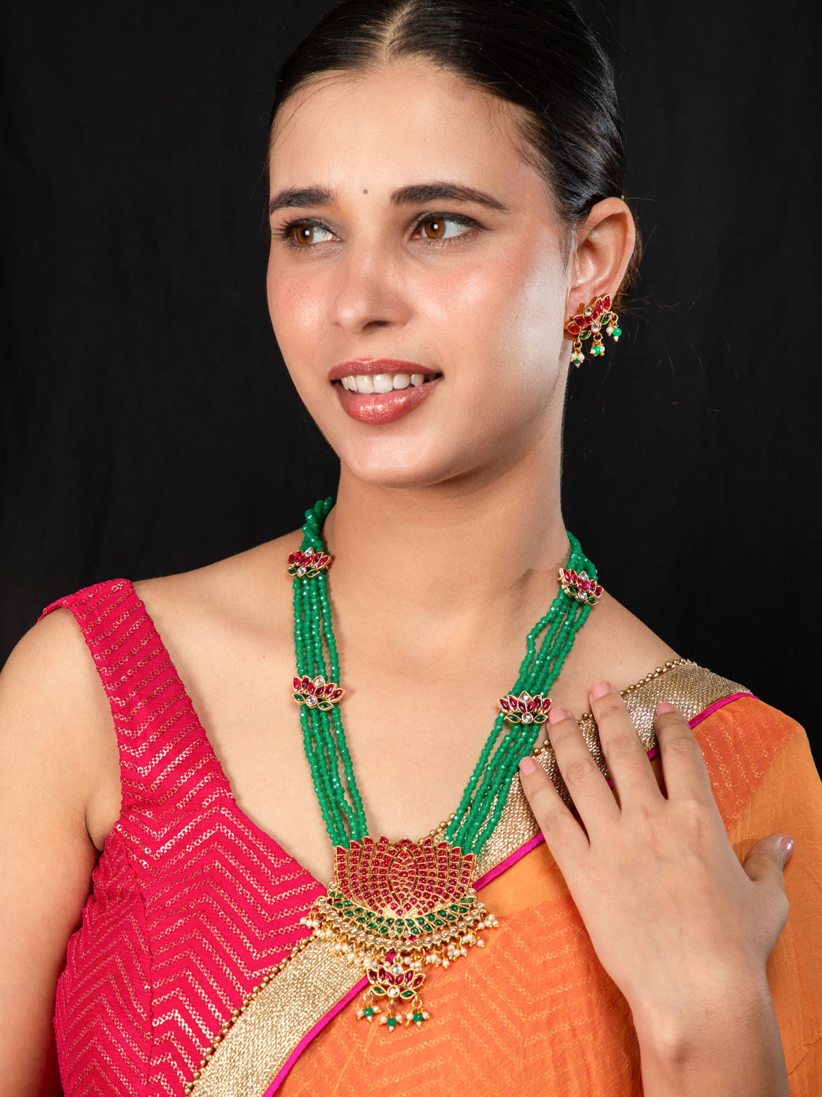 24K Gold-Plated Lotus Pendant Necklace and Earrings Set with Red, Green Stones and Faux Pearls