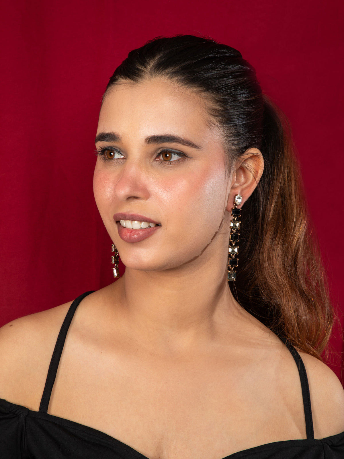 Gold Plated Long Dangler Earrings with White and Black Stones