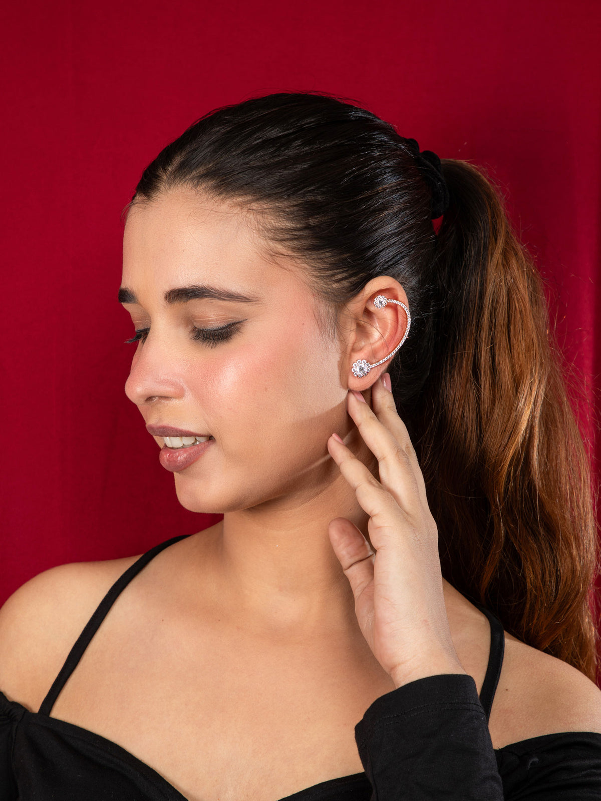 Gold Plated Long C-Shaped American Diamond Floral Earrings