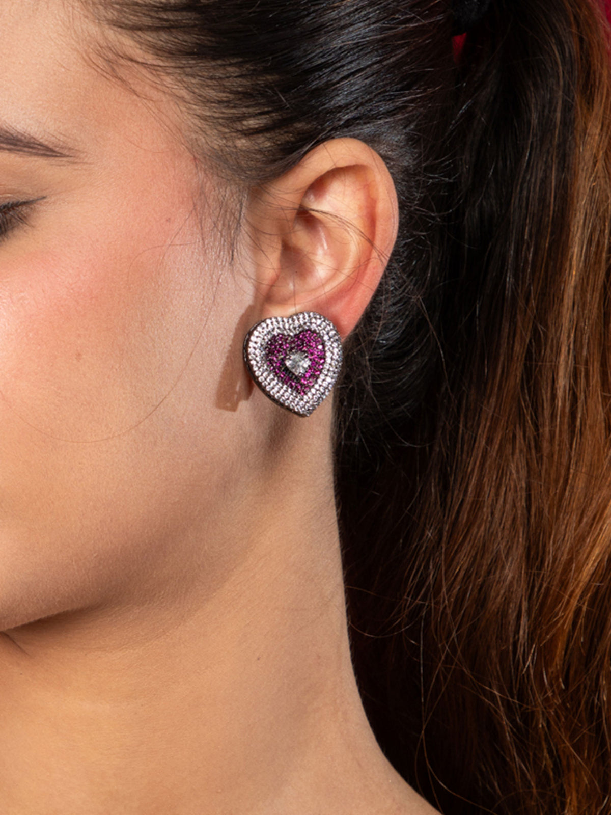 Rhodium Plated Black Heart Shaped White and Pink American Diamond Earrings