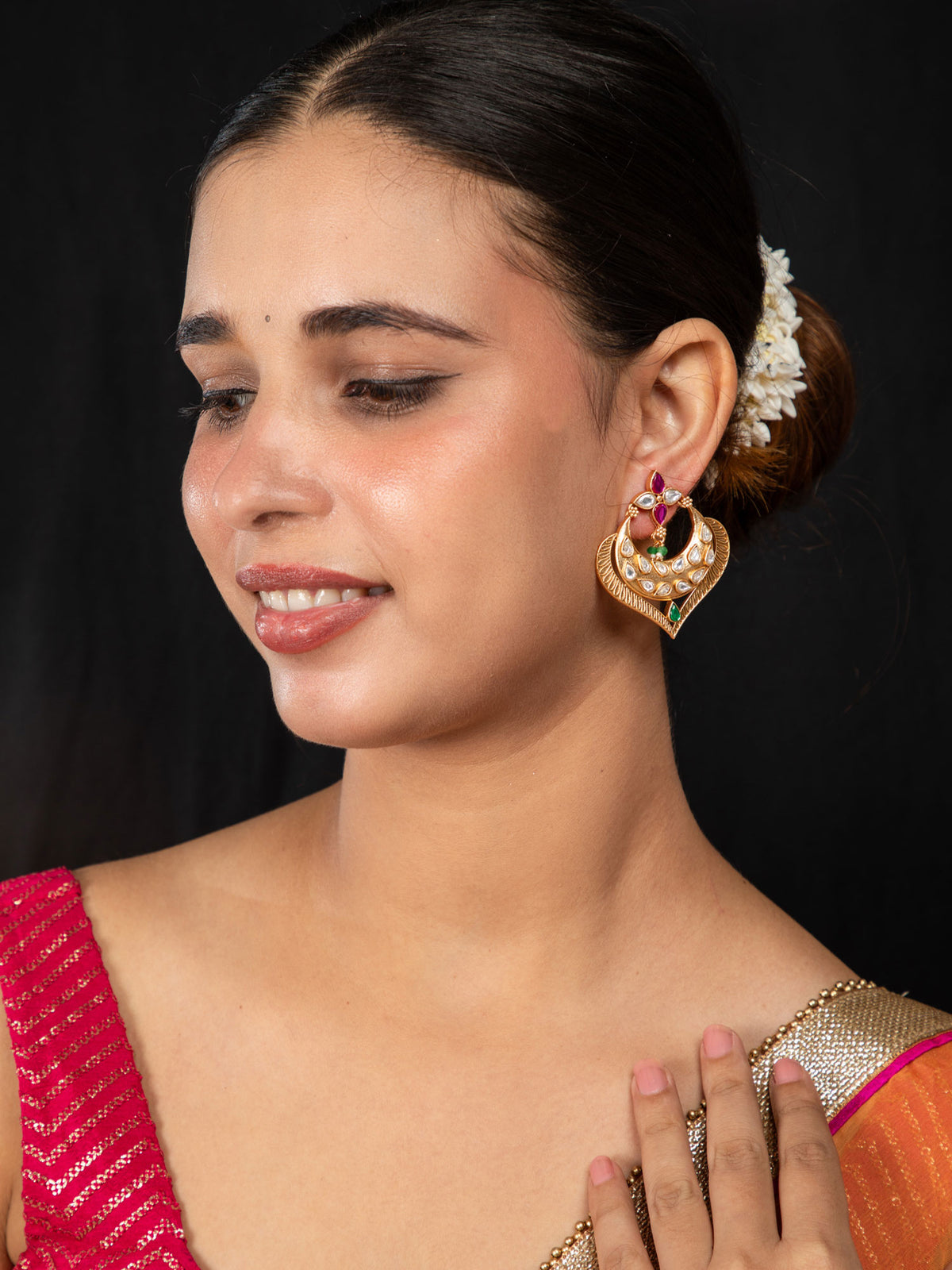Matte Gold Plated Chand Baali Earrings with White, Pink and Green Water Drop Stones