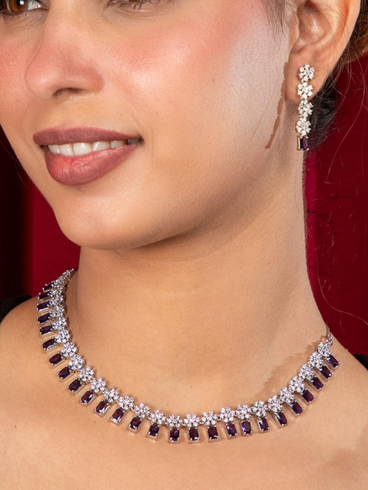 Rhodium Plated Purple American Diamond Necklace and Long Earrings Set