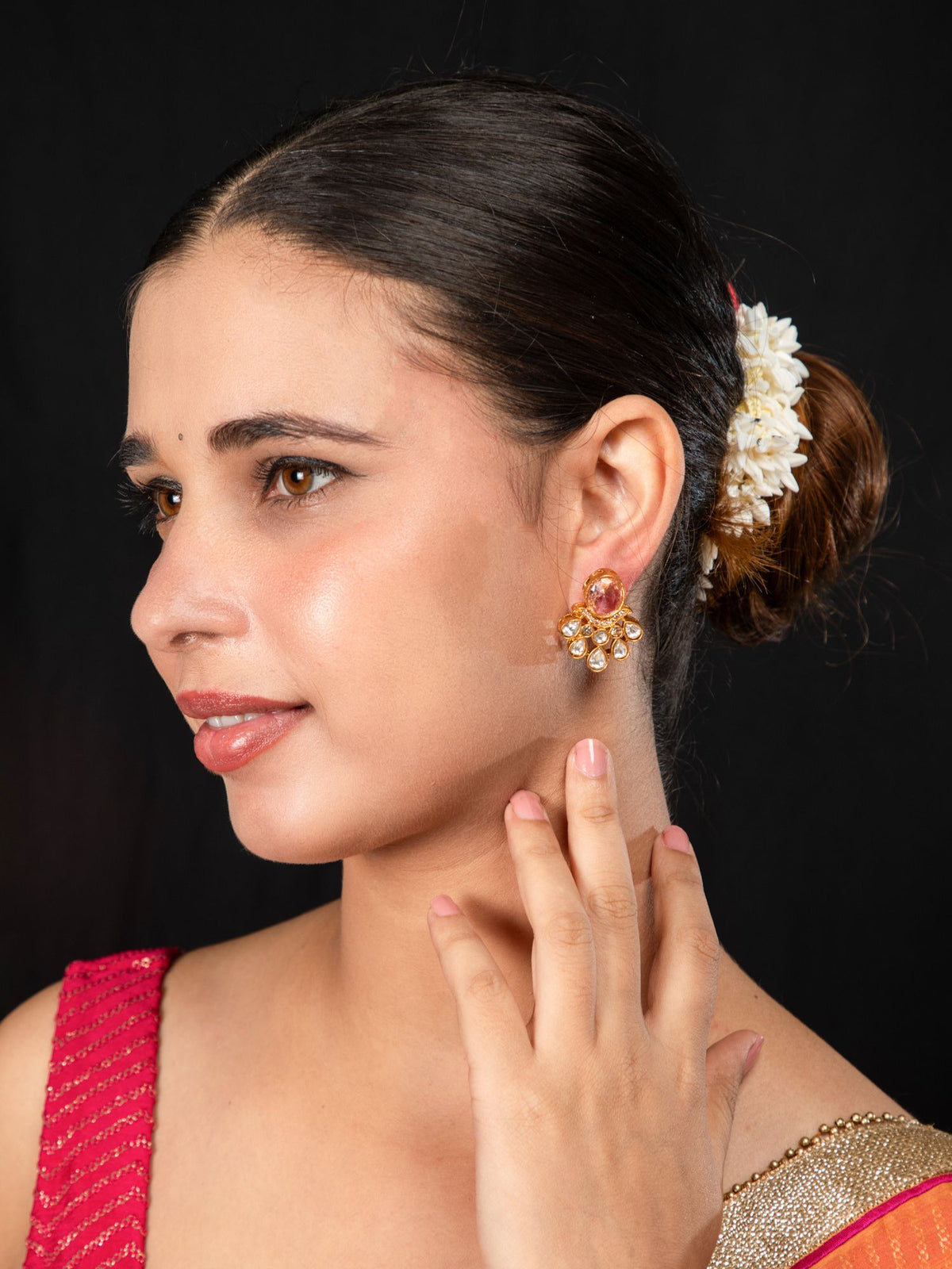 Matte Gold Plated Traditional Pink Stone American Diamond Earrings