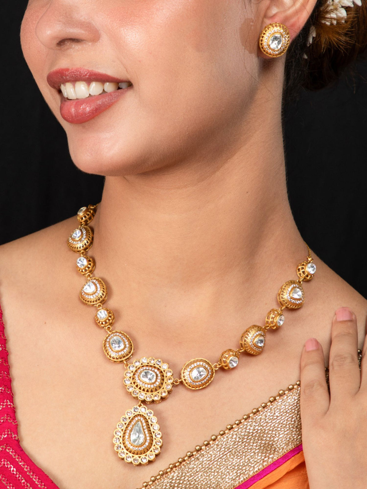 Gold Plated Necklace and Earrings Set with White Kundan and AD Stones