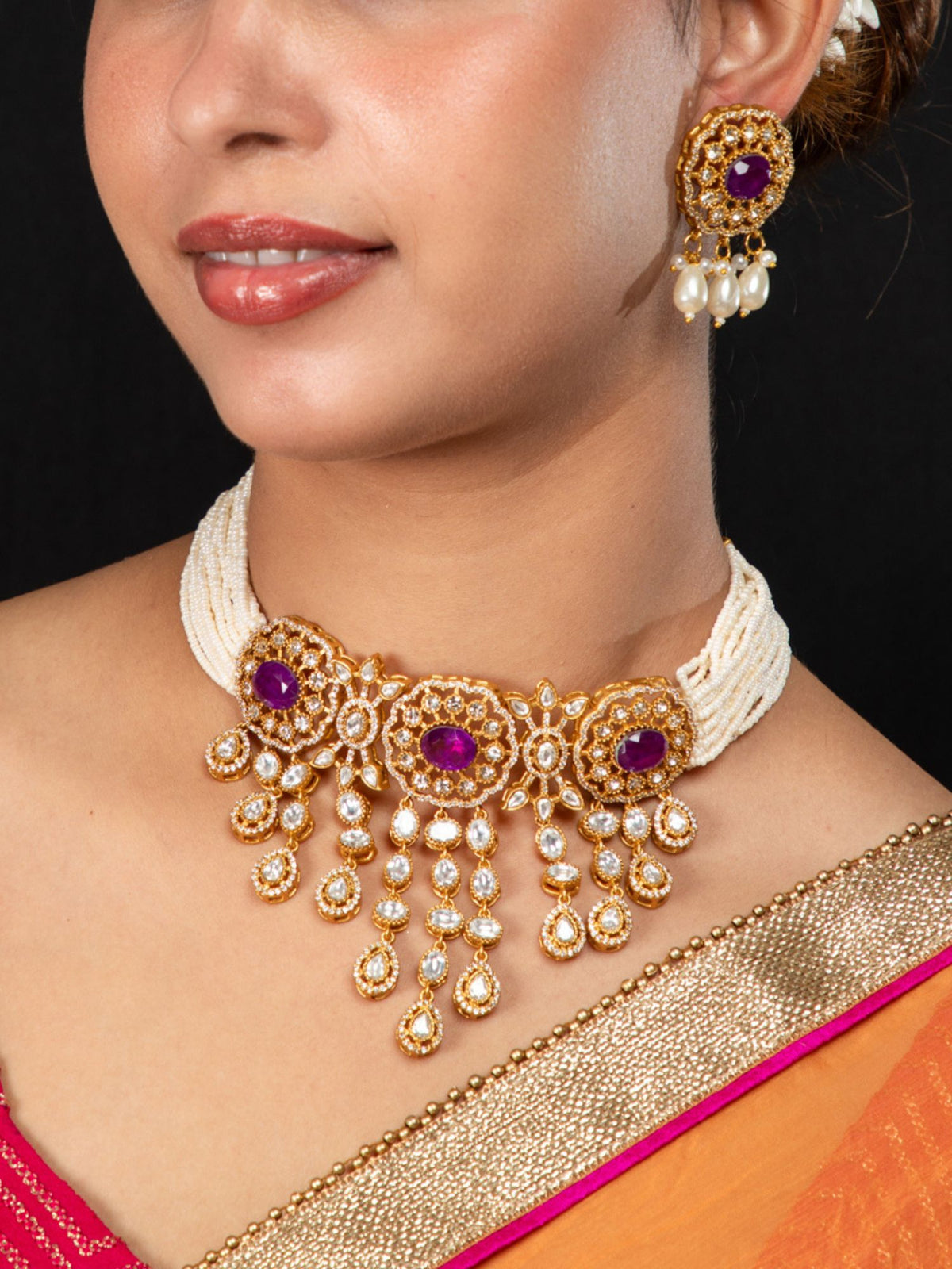 Gold Plated Rajwadi Choker Necklace and Earrings Set with White Kundan, CZ Stones, Pink Stones and Faux Pearls