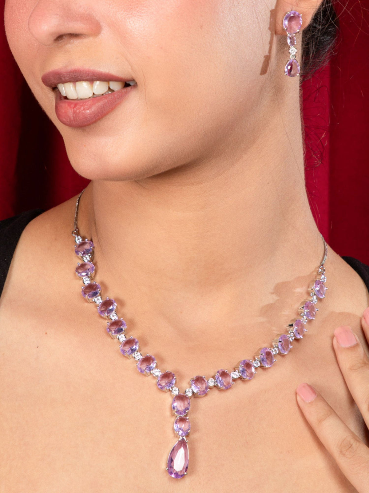 Rhodium Plated Purple American Diamond Necklace