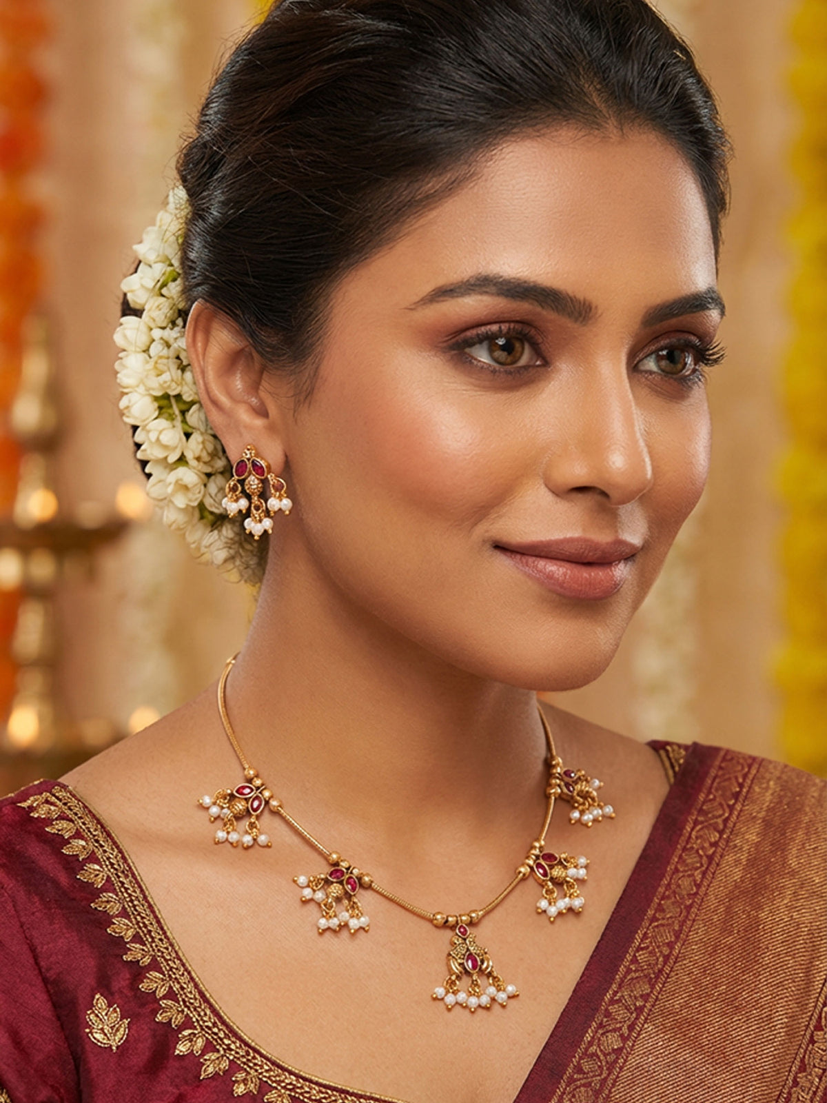 24K Gold Plated Peacock Ruby Pearl Necklace and Earrings Set