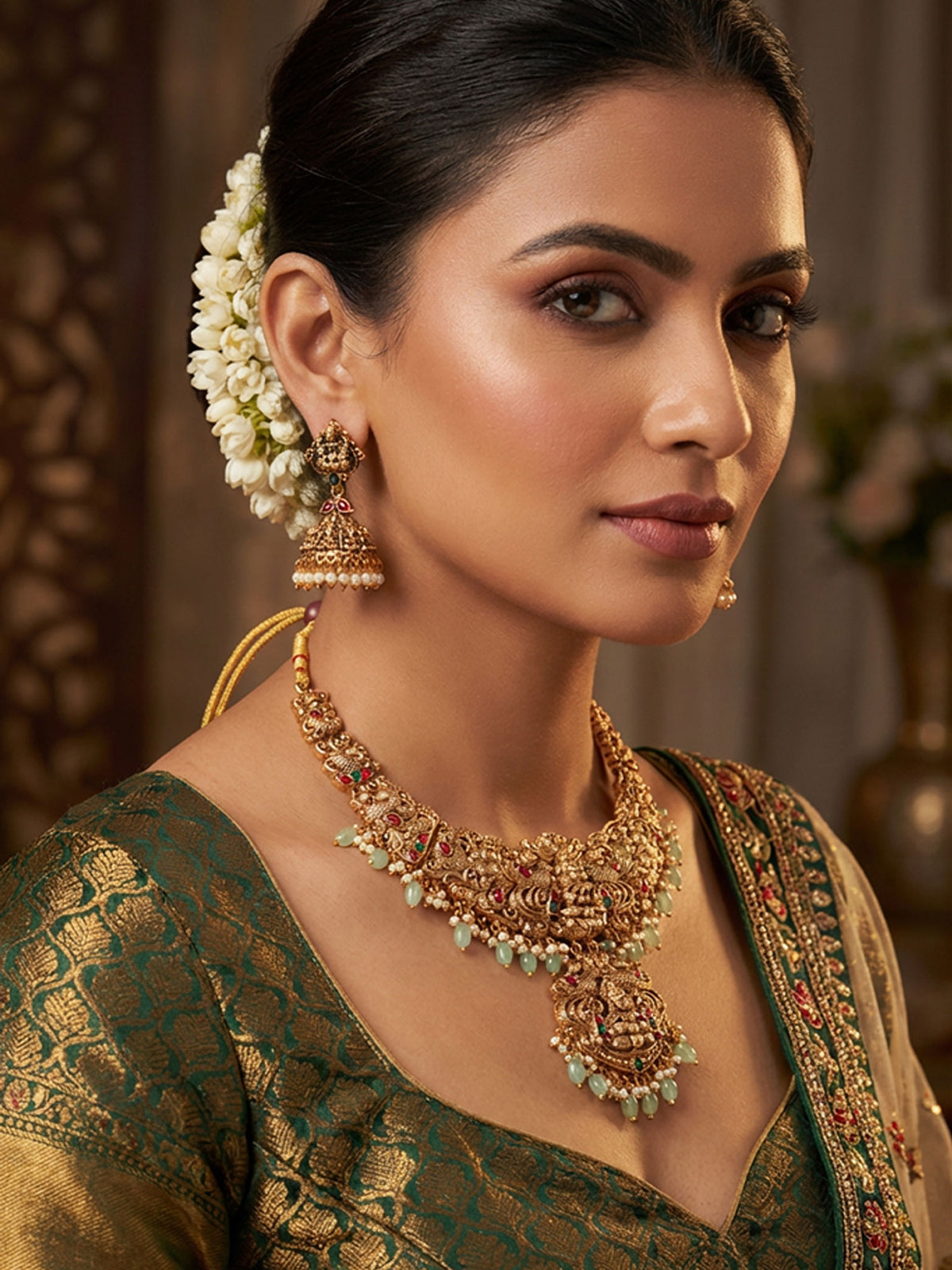 24K Gold Plated Lakshmi Temple Peacock Antique Choker Necklace with Jhumkas