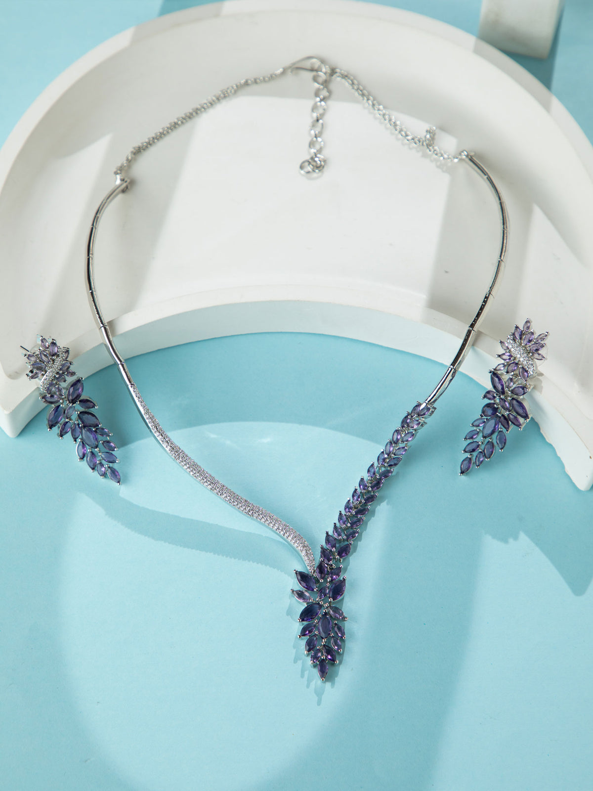 Rhodium Plated Floral White  Purple AD Necklace with Earrings Set