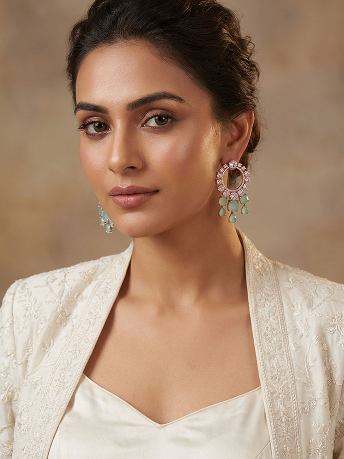 Rose Gold Plated White and Mint Green American Diamond Earrings