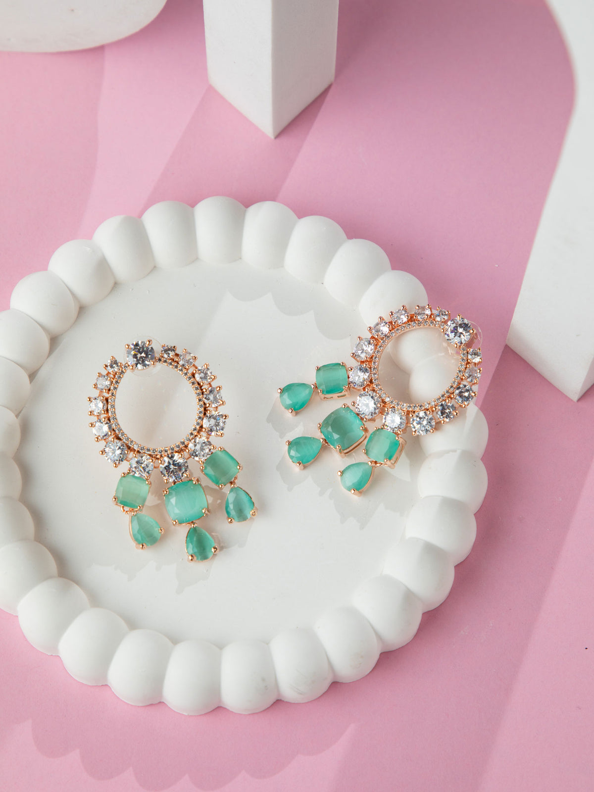Rose Gold Plated White and Mint Green American Diamond Earrings