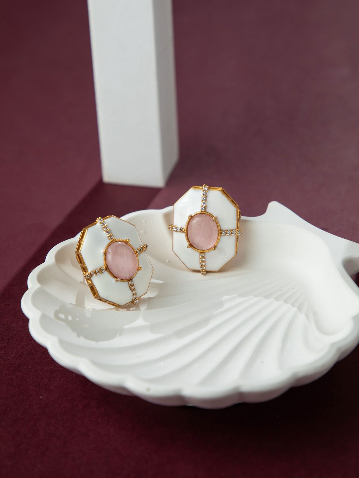 24K Gold Plated Octagon Pink Stone Stud Meenakari Earrings