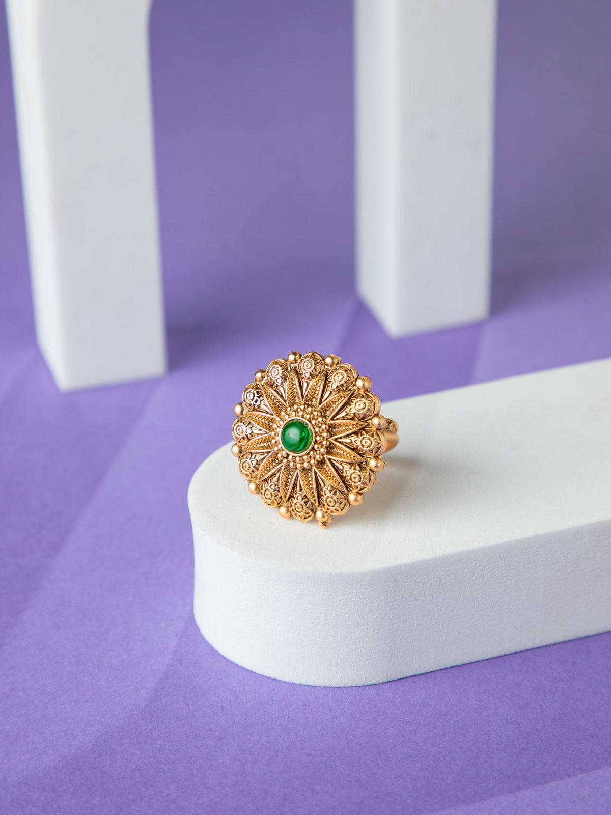 24K Gold Plated Antique Green Stone Round Ring