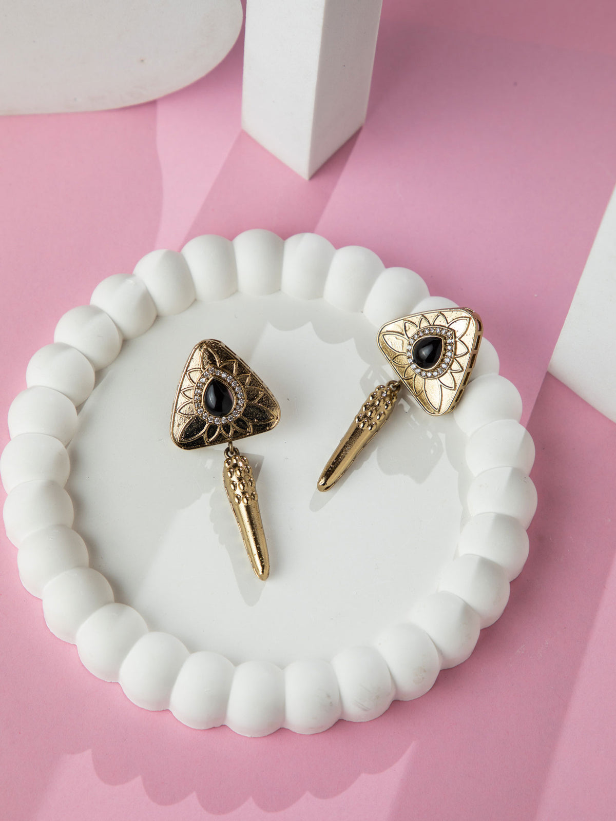 18K Gold Plated Black Water Drop Dangler Earrings with White CZ Stones