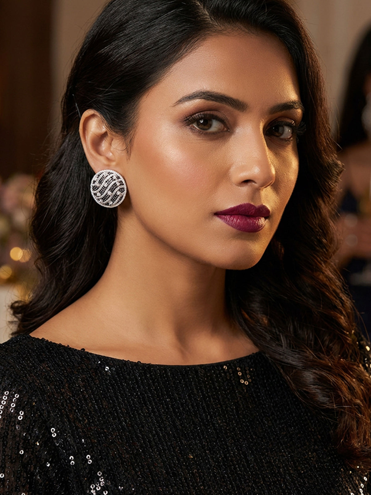 Rhodium Plated Big Round Stud Earrings with White and Black American Diamonds