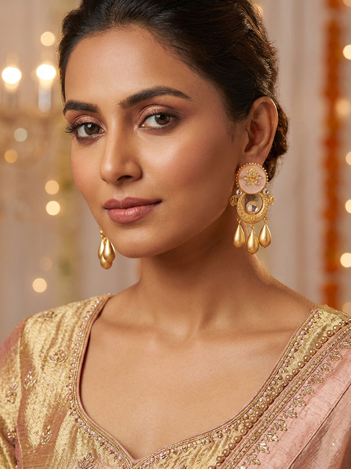 24K Matte Gold Plated Orange and White Chandbali Earrings with Kundan