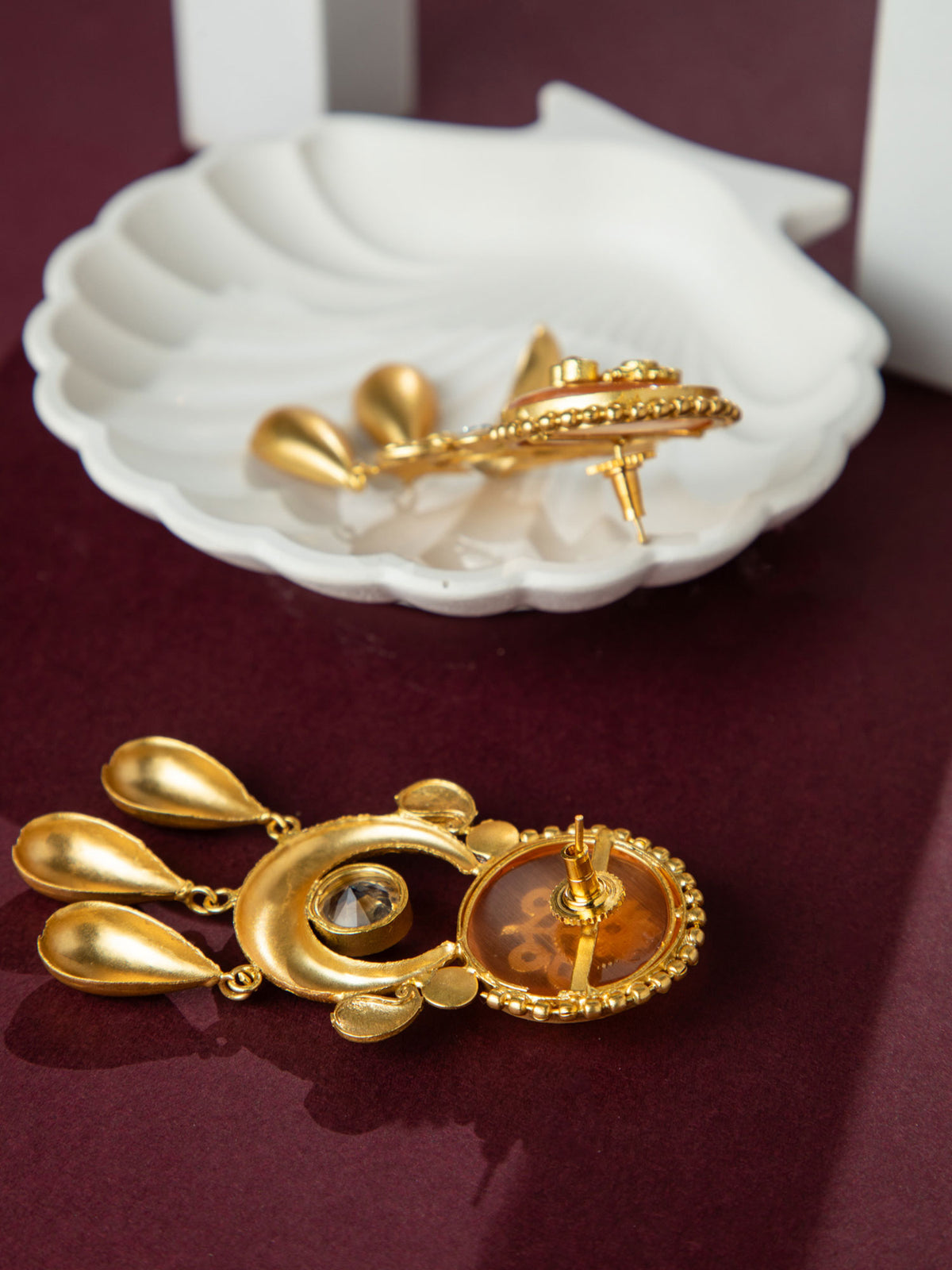 24K Matte Gold Plated Orange and White Chandbali Earrings with Kundan