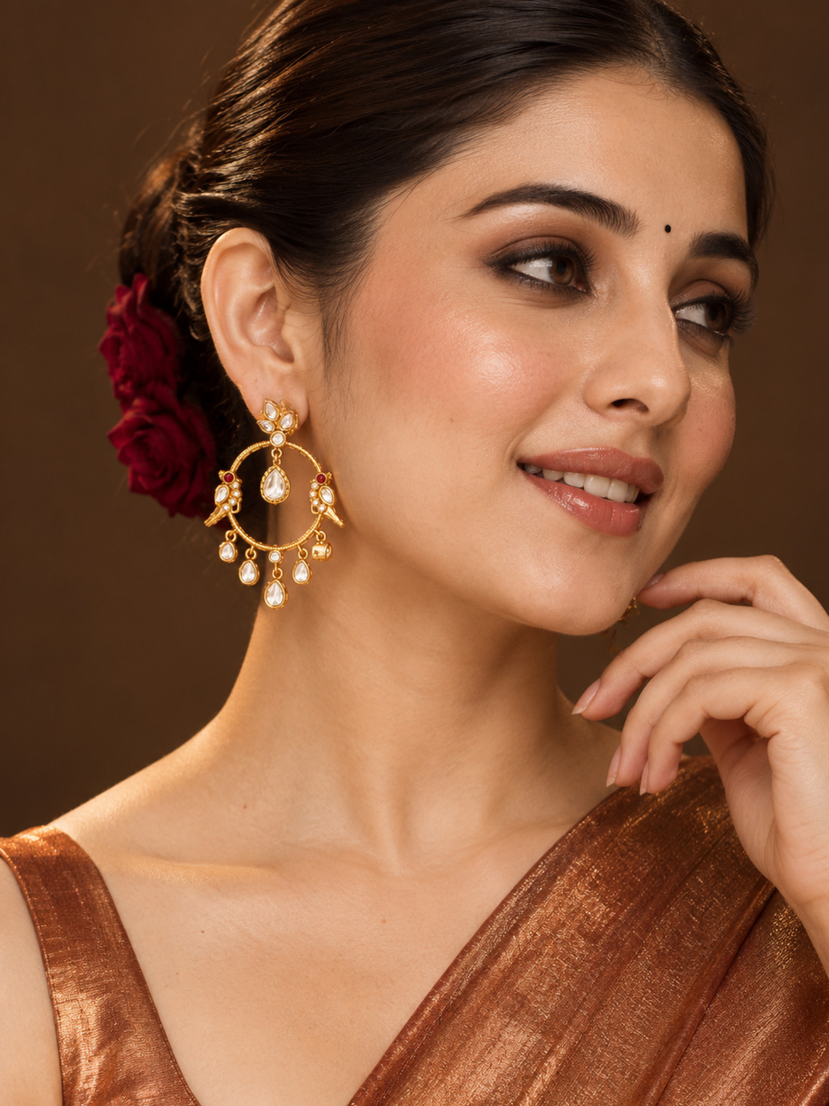 Gold Plated Round Kundan Dangler Earrings