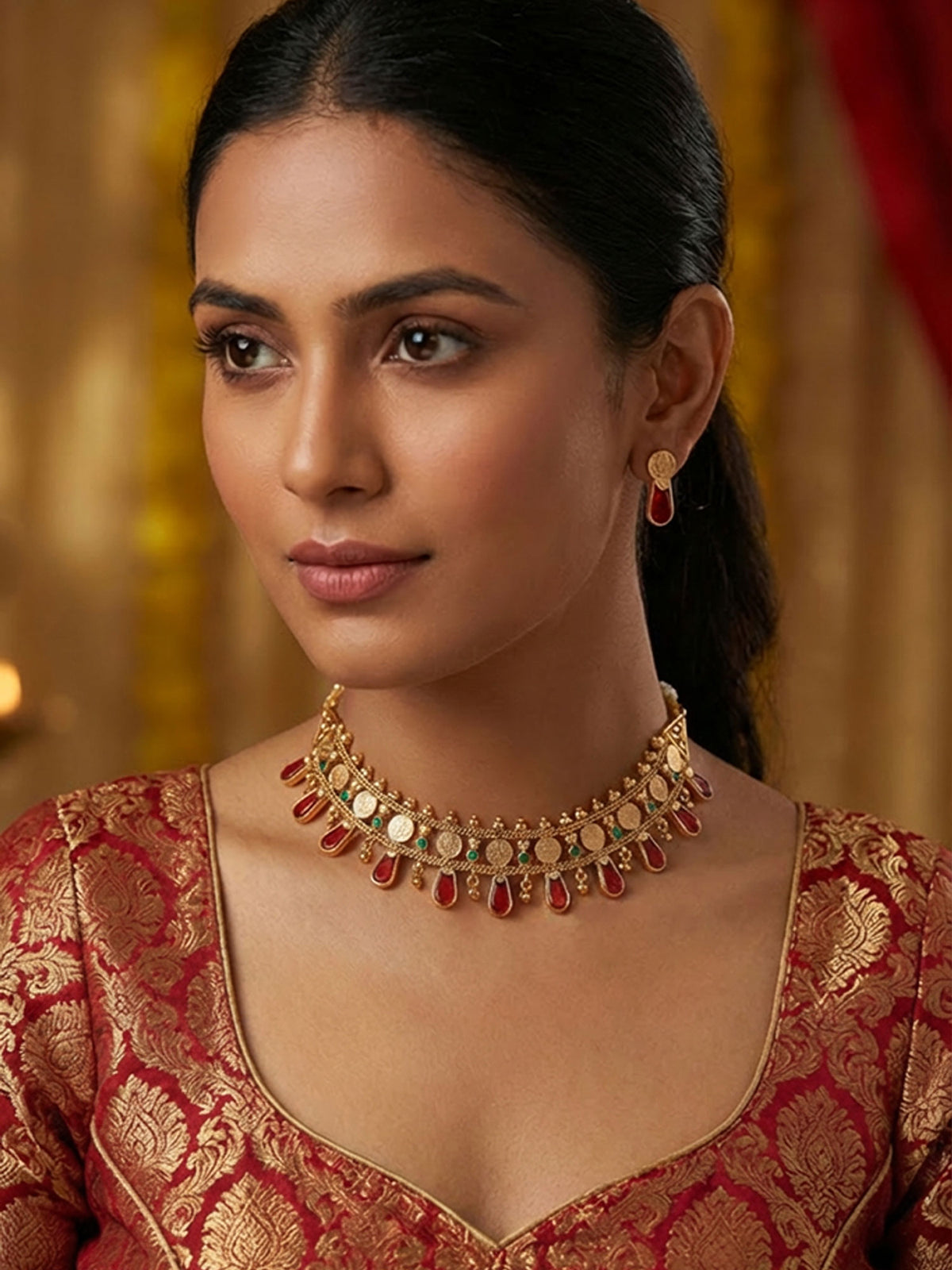 24K Gold Plated Lakshmi Coin Meenakari Necklace and Stud Earrings Set