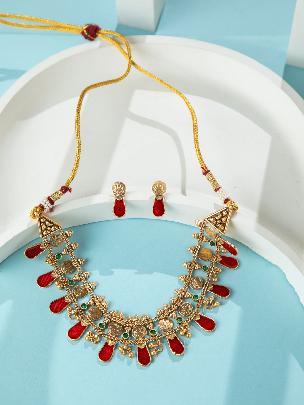 24K Gold Plated Lakshmi Coin Meenakari Necklace and Stud Earrings Set