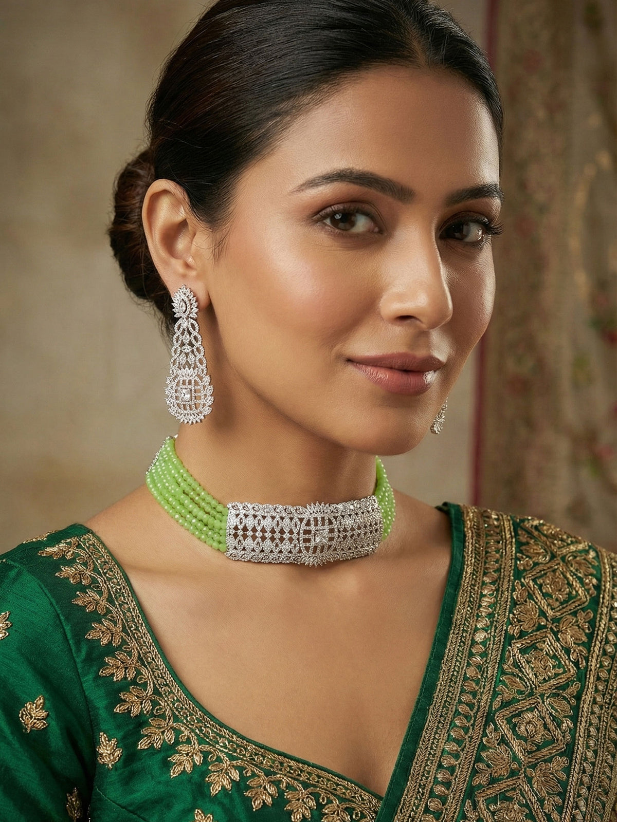Rhodium Plated White Diamond Choker with Multi Layer Green Stone Necklace and Long Earrings