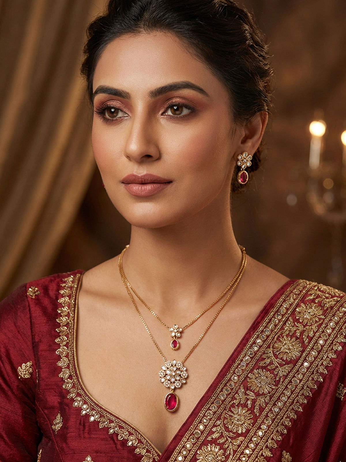 Double Layered Gold Plated Necklace with Floral Pendant and   Earrings