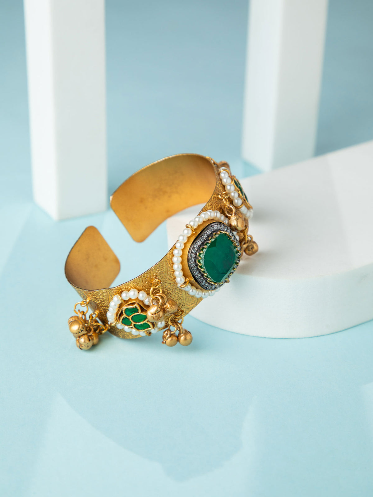 Matte Gold Plated Lotus Kada Bracelet with Green and White CZ Stones