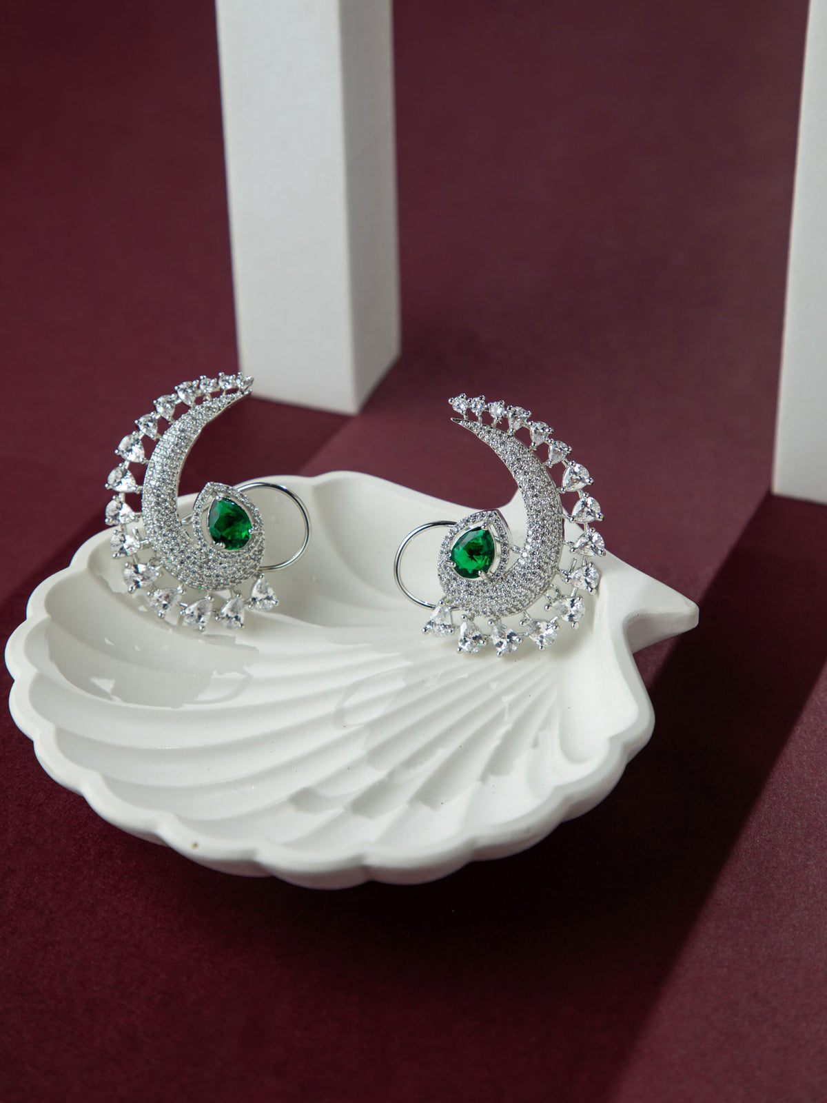 Rhodium Plated White and Green American Diamond Ear Cuff Earrings