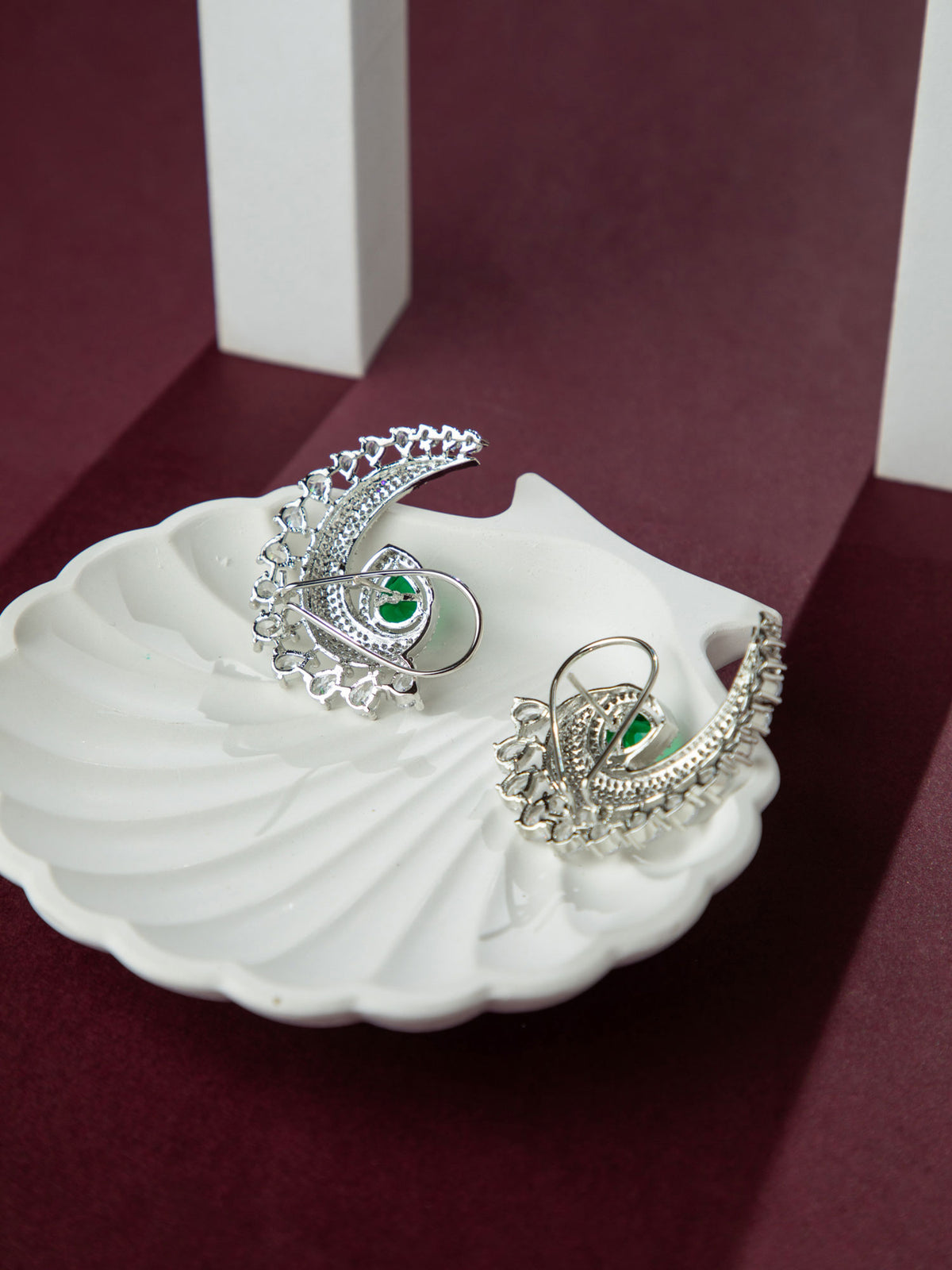 Rhodium Plated White and Green American Diamond Ear Cuff Earrings