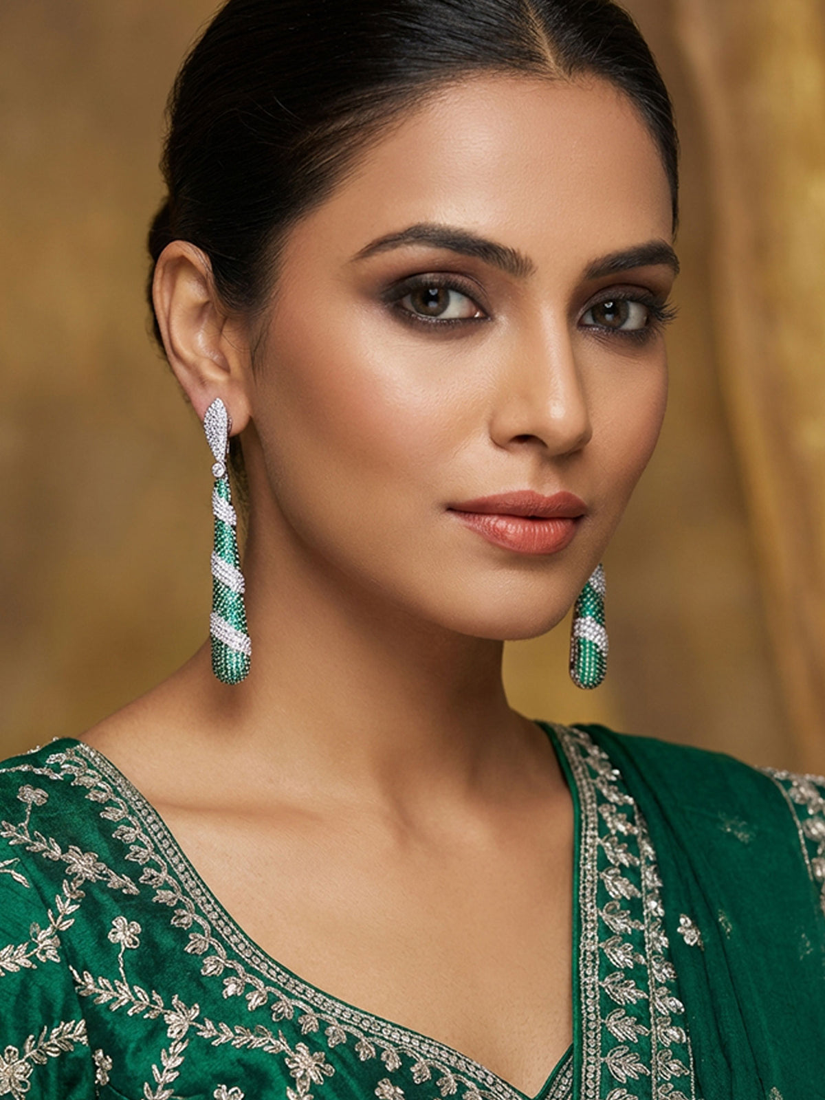 Long Rhodium Plated White and Green American Diamond Earrings