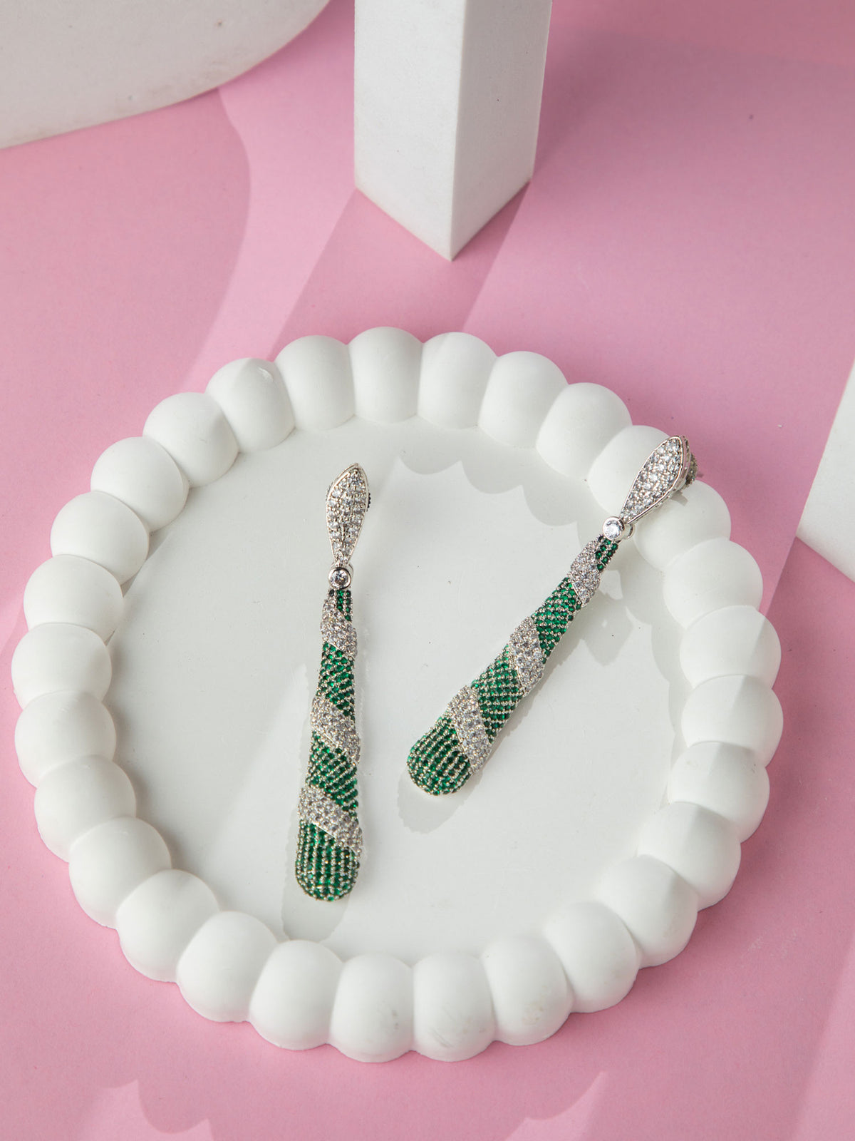 Long Rhodium Plated White and Green American Diamond Earrings