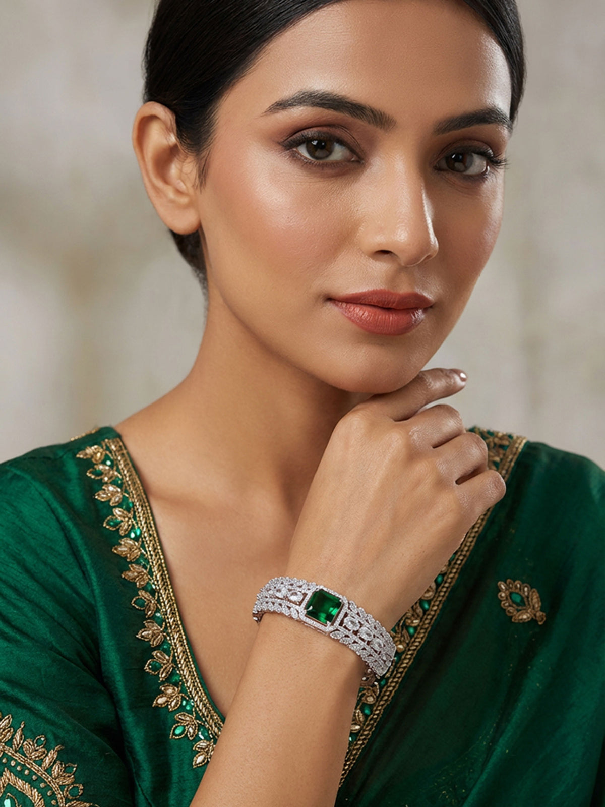 Rhodium Plated White and Green American Diamond Bracelet