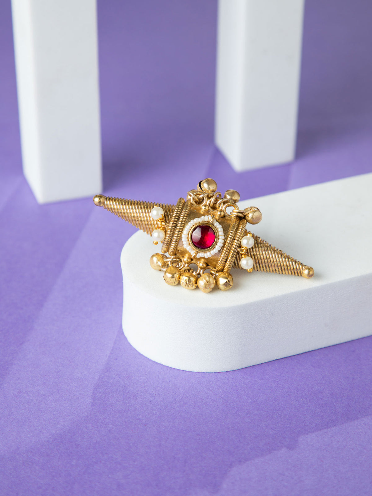 Gold Plated Fishcut Red Stone Cocktail Ring with White Pearls