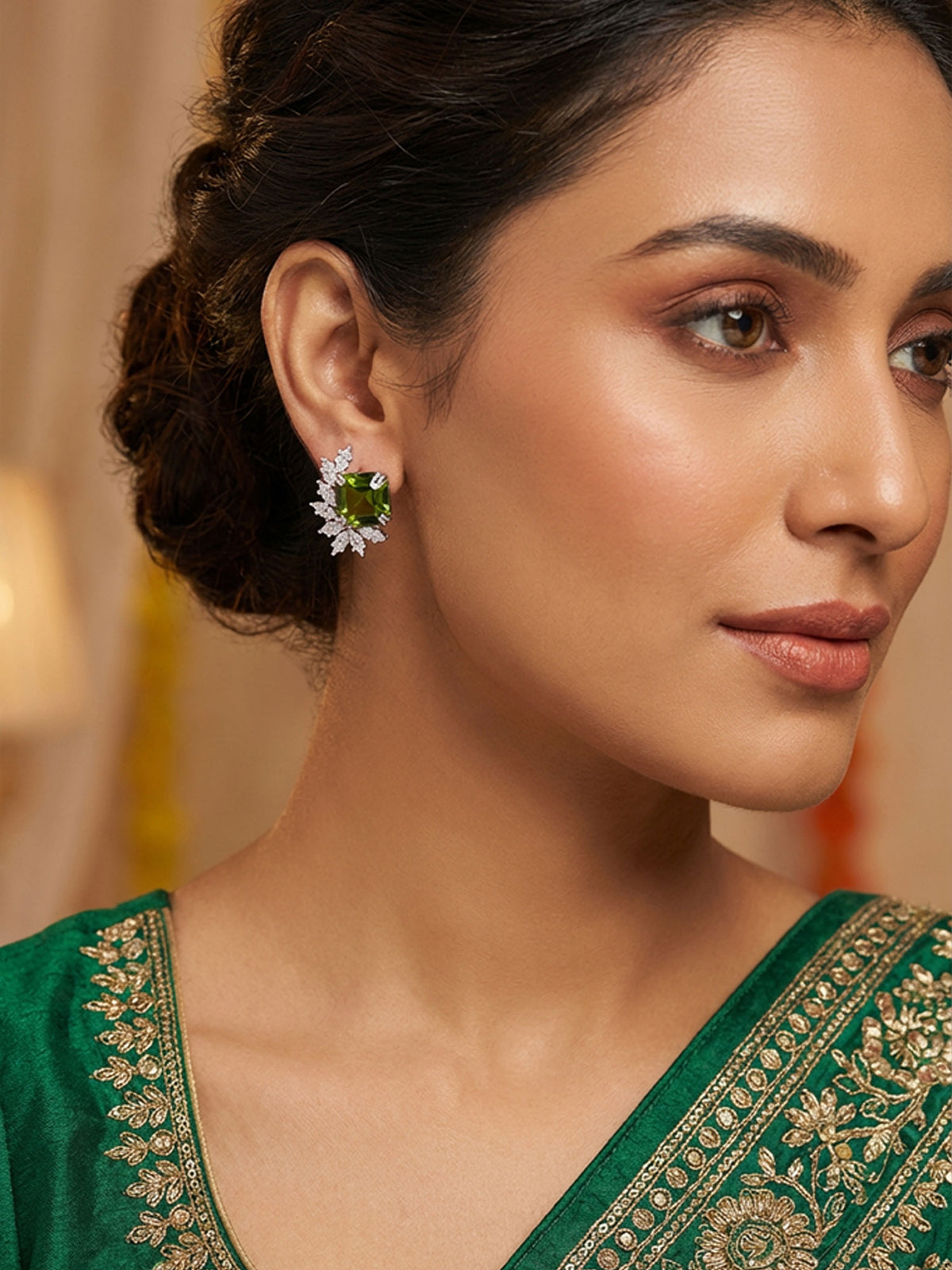 Rhodium Plated Green and White American Diamond Earrings