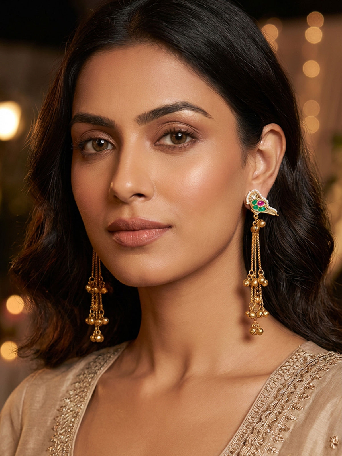 Gold Plated Long Peacock Earrings with Ghunghroos