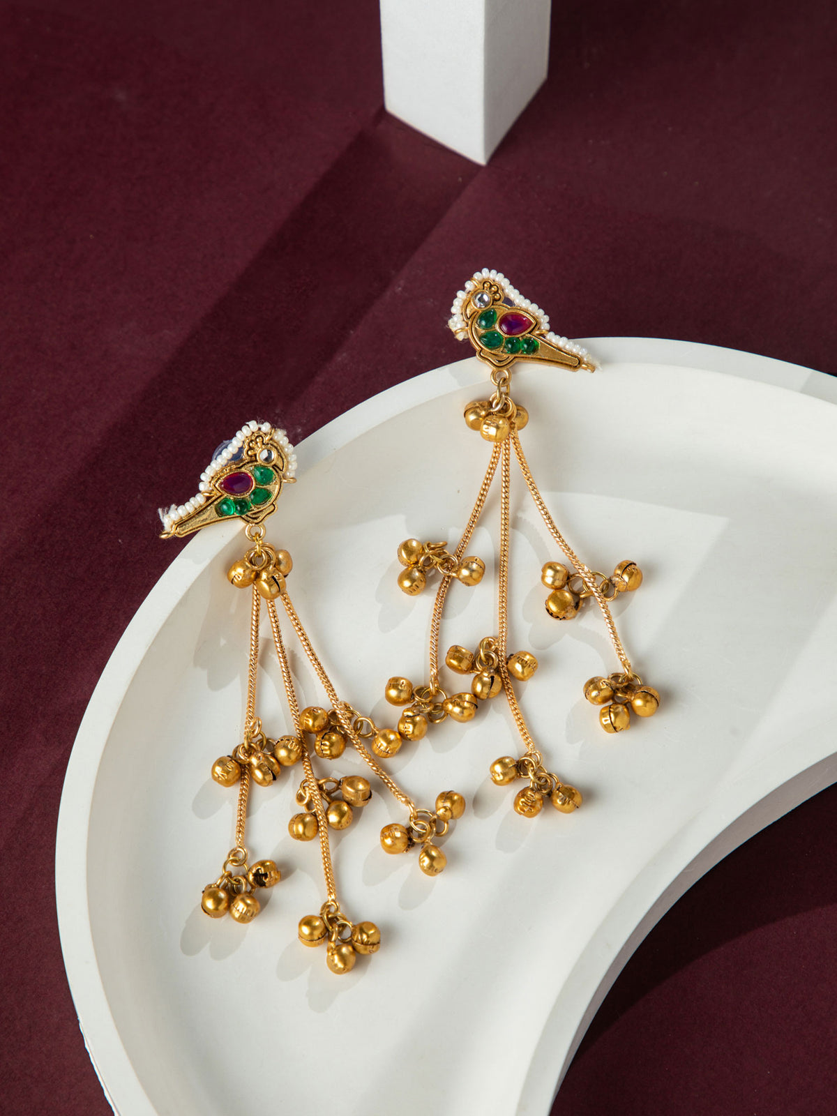 Gold Plated Long Peacock Earrings with Ghunghroos