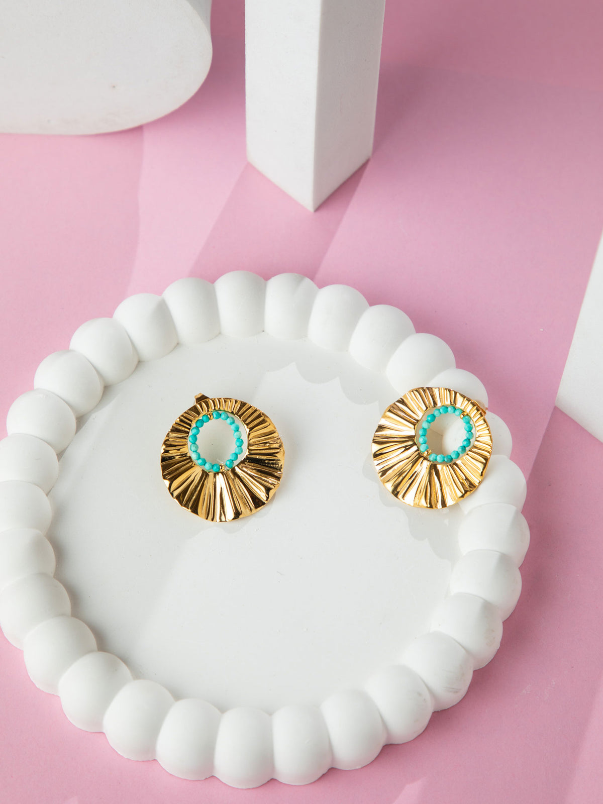 Gold Plated Round Earrings with Blue Beads