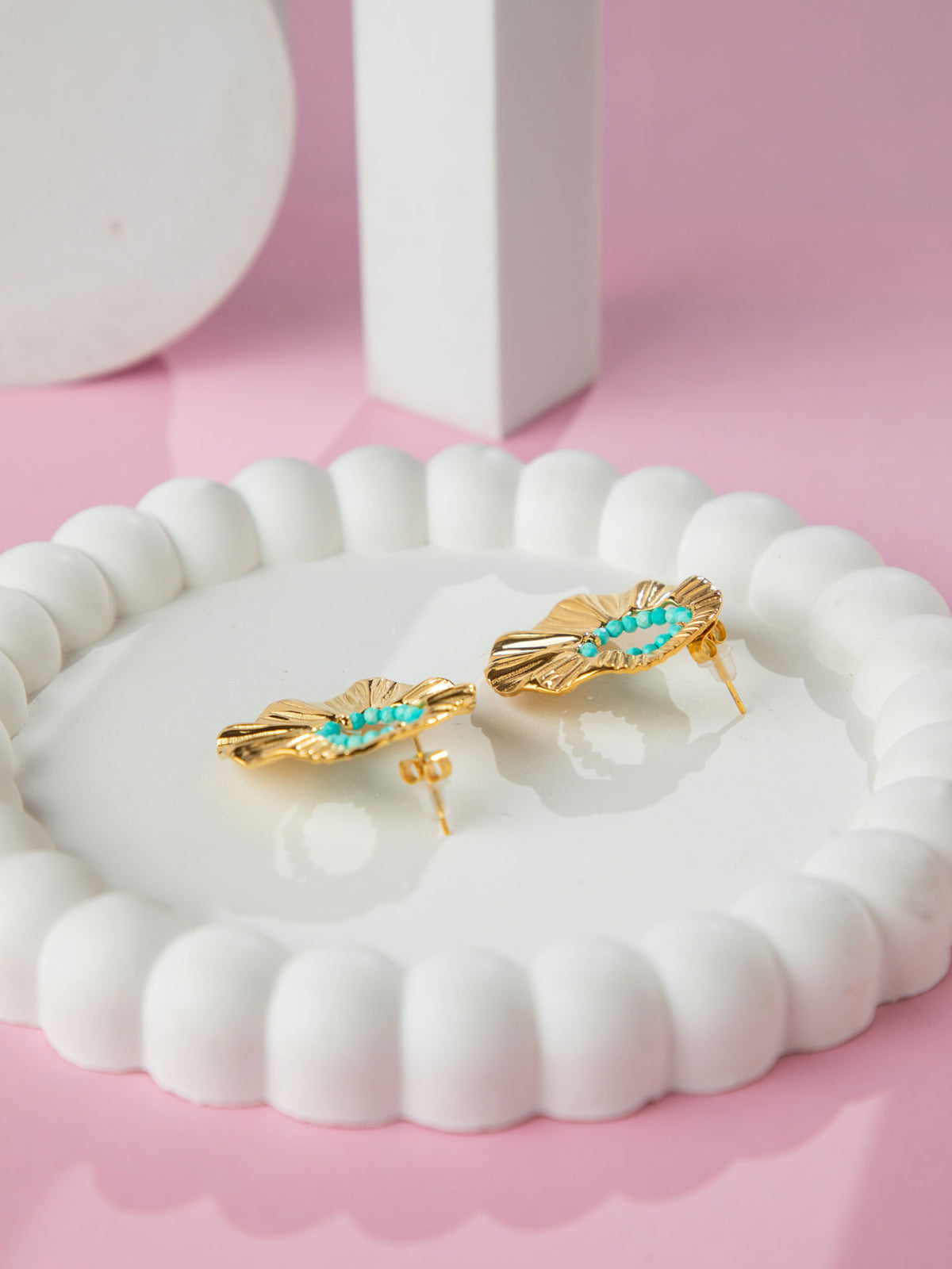 Gold Plated Round Earrings with Blue Beads