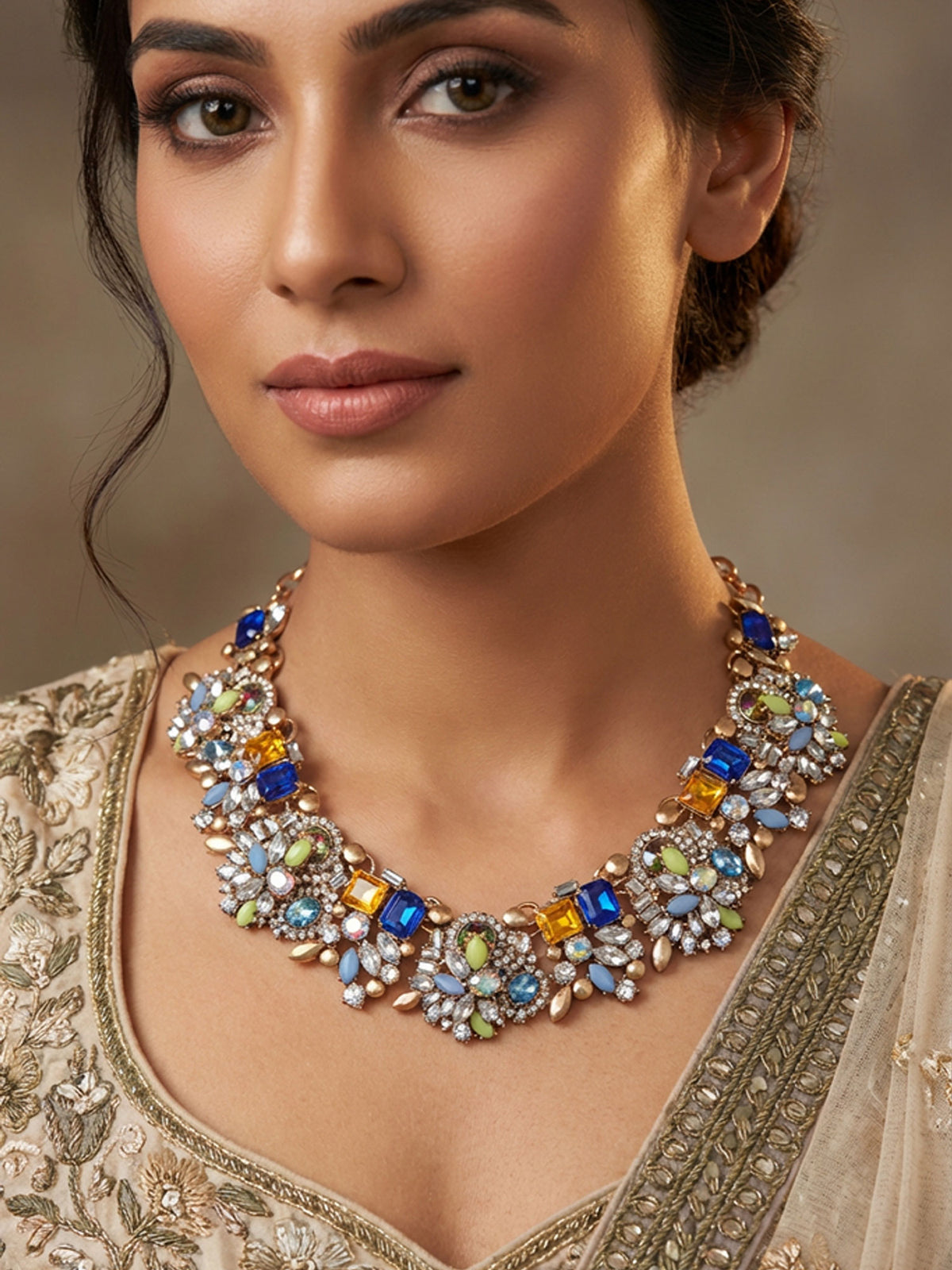 Gold Plated Floral Pattern Necklace with Multicolored Stones